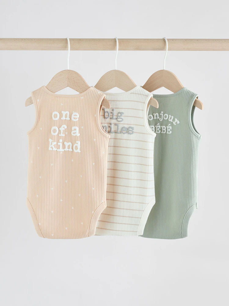 Neutral Brown/ Mint Green Vest Bodysuits 3 Pack