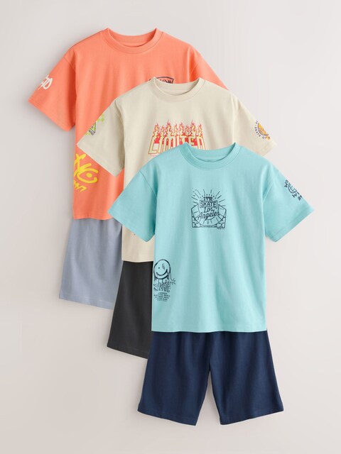 Blue/Pink Skate & Skulls 100% Cotton Short Pyjamas 3 Pack