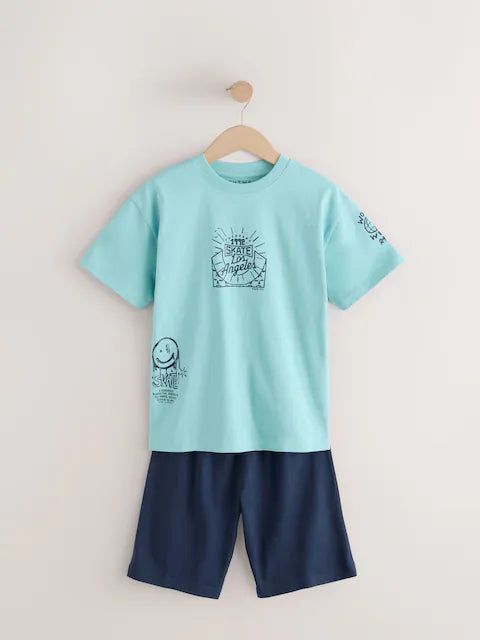 Blue/Pink Skate & Skulls 100% Cotton Short Pyjamas 3 Pack