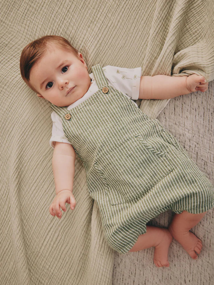 Green Stripe Woven Dungaree and Bodysuit Set
