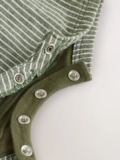 Green Stripe Woven Dungaree and Bodysuit Set