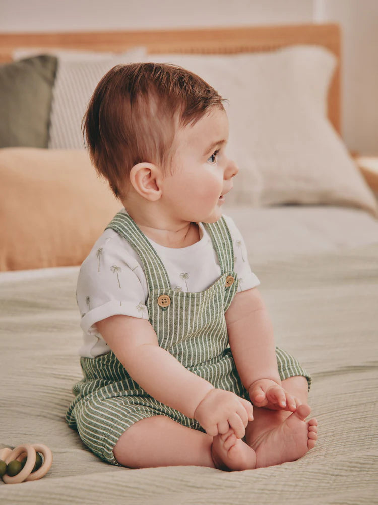 Green Stripe Woven Dungaree and Bodysuit Set
