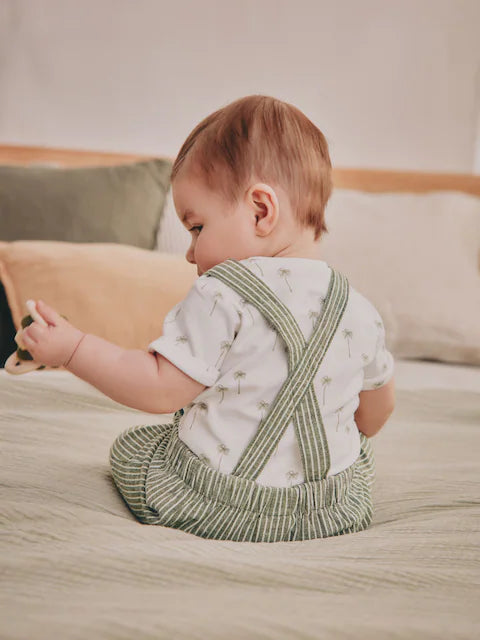 Green Stripe Woven Dungaree and Bodysuit Set
