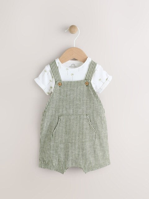 Green Stripe Woven Dungaree and Bodysuit Set