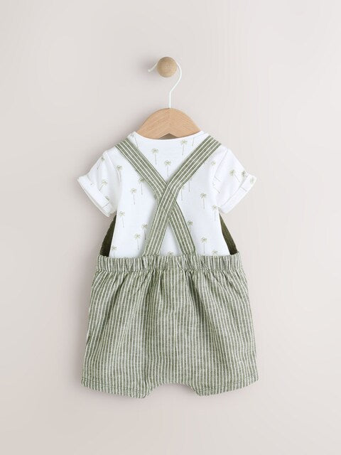 Green Stripe Woven Dungaree and Bodysuit Set