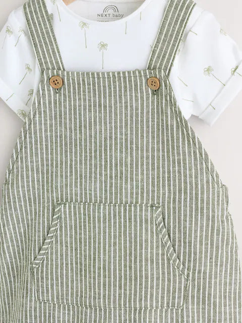 Green Stripe Woven Dungaree and Bodysuit Set