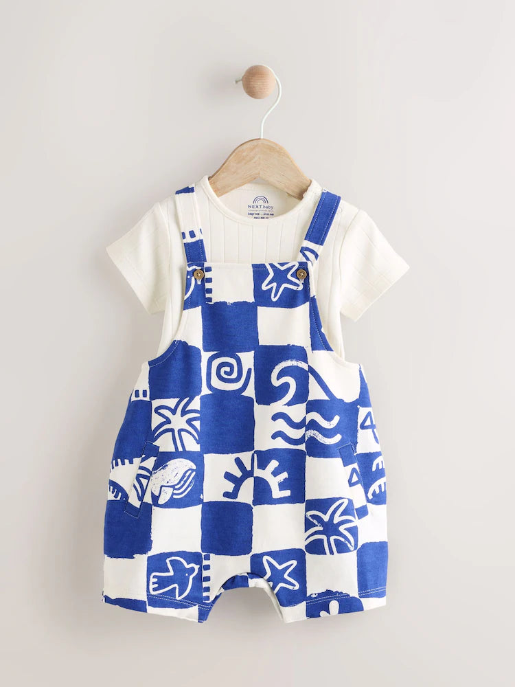 Blue Checkerboard Jersey 100% Cotton Dungaree and Bodysuit