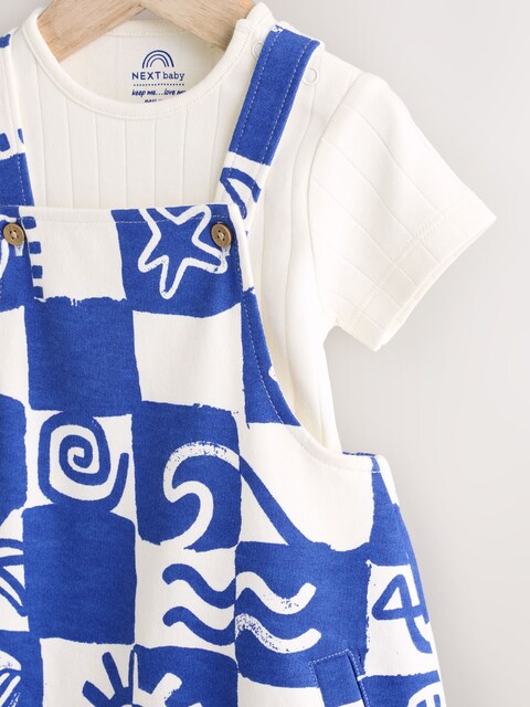 Blue Checkerboard Jersey 100% Cotton Dungaree and Bodysuit