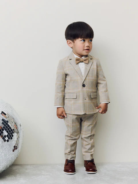 Brown Check Blazer Shirt Trousers and Bow Tie Set