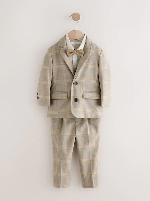 Brown Check Blazer Shirt Trousers and Bow Tie Set