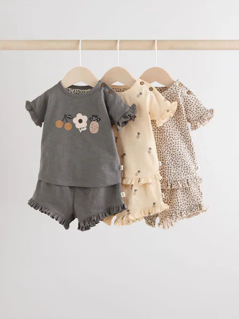 Charcoal Grey/White Short Sleeve 100% Cotton Baby Top and Shorts Set 6 Piece