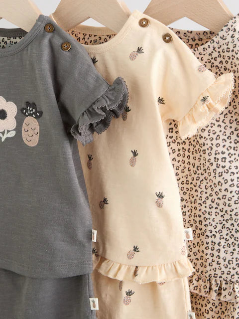 Charcoal Grey/White Short Sleeve 100% Cotton Baby Top and Shorts Set 6 Piece