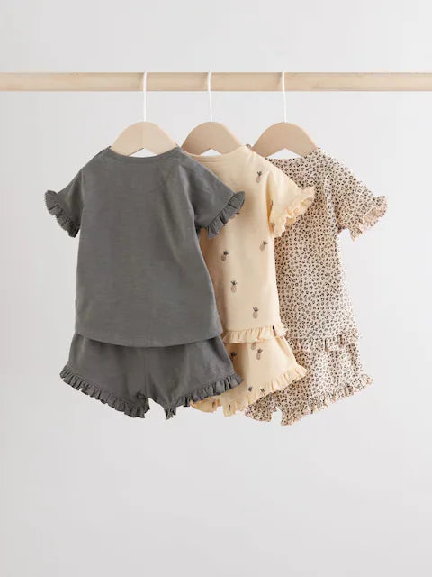 Charcoal Grey/White Short Sleeve 100% Cotton Baby Top and Shorts Set 6 Piece