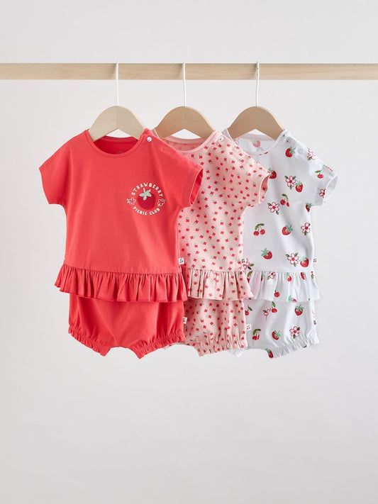 Red/ Pink/ White Strawberry Baby Frill T-Shirt and Shorts Set 6 Piece