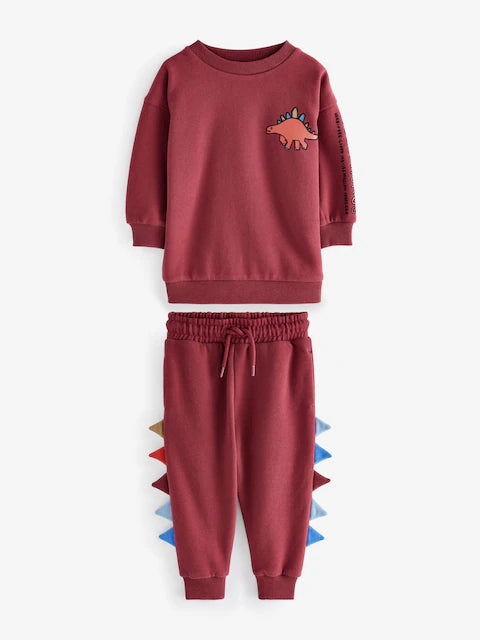 Burgundy Red Dinosaur Spikes Crew Sweatshirt And Joggers Set