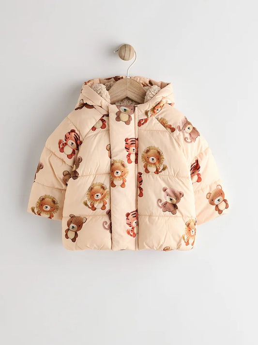 Cream Bear Print Baby Puffer Coat