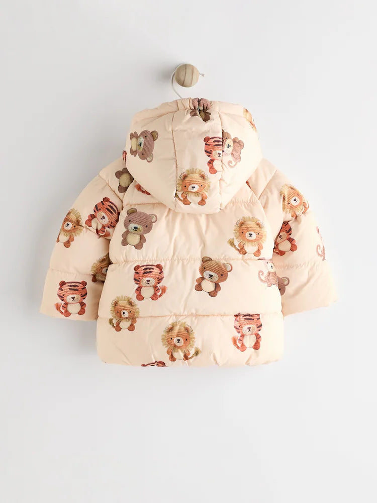 Cream Bear Print Baby Puffer Coat