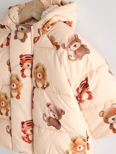 Cream Bear Print Baby Puffer Coat