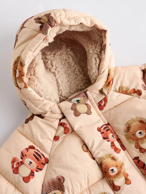 Cream Bear Print Baby Puffer Coat