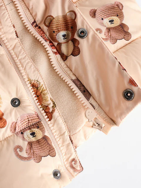 Cream Bear Print Baby Puffer Coat