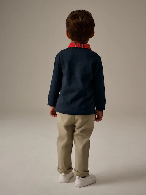 Navy Blue Tartan Collar Long Sleeve Cotton Polo Shirt
