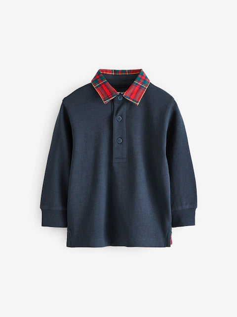Navy Blue Tartan Collar Long Sleeve Cotton Polo Shirt