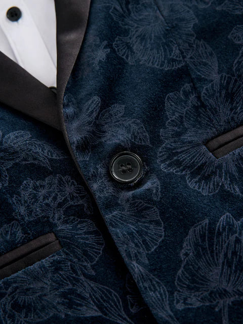 Navy Blue Floral Velvet Blazer, Shirt, Trousers And Bow Tie Set