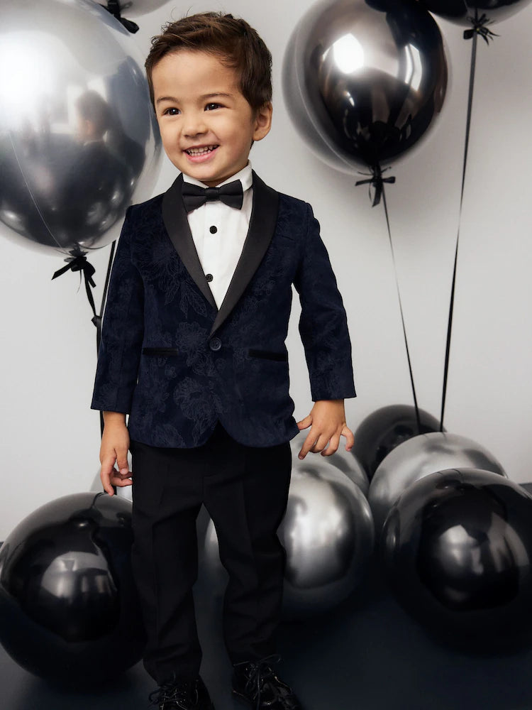 Navy Blue Floral Velvet Blazer, Shirt, Trousers And Bow Tie Set