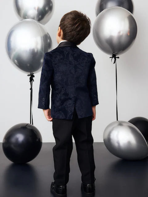 Navy Blue Floral Velvet Blazer, Shirt, Trousers And Bow Tie Set