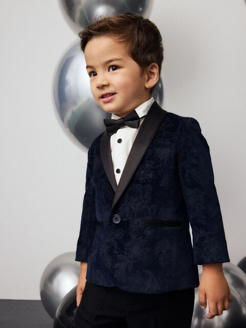 Navy Blue Floral Velvet Blazer, Shirt, Trousers And Bow Tie Set