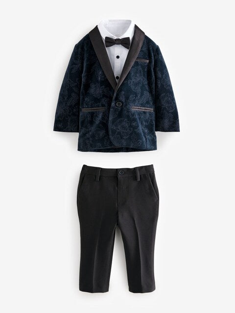 Navy Blue Floral Velvet Blazer, Shirt, Trousers And Bow Tie Set