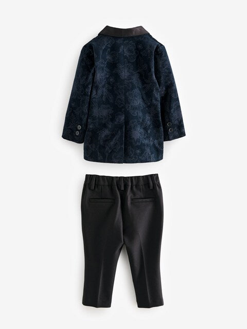 Navy Blue Floral Velvet Blazer, Shirt, Trousers And Bow Tie Set