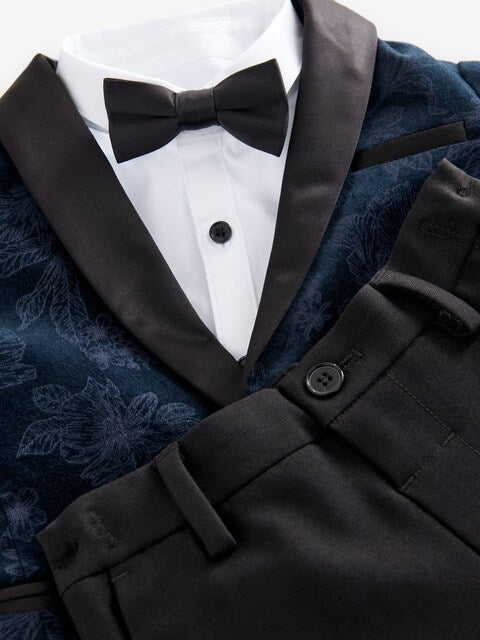 Navy Blue Floral Velvet Blazer, Shirt, Trousers And Bow Tie Set