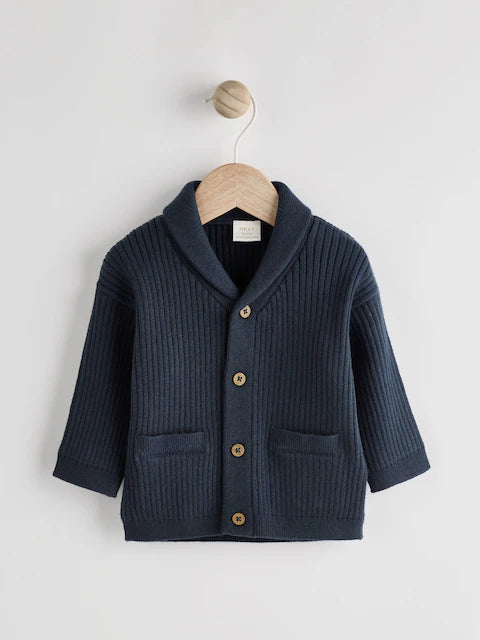 Navy Blue Baby Rib Shawl Knitted Cardigan