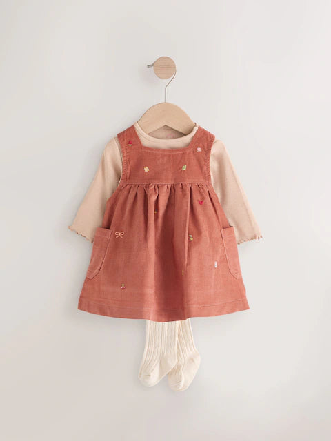 Rust Brown Embroidered Baby Corduroy Pinafore Dress With Tights