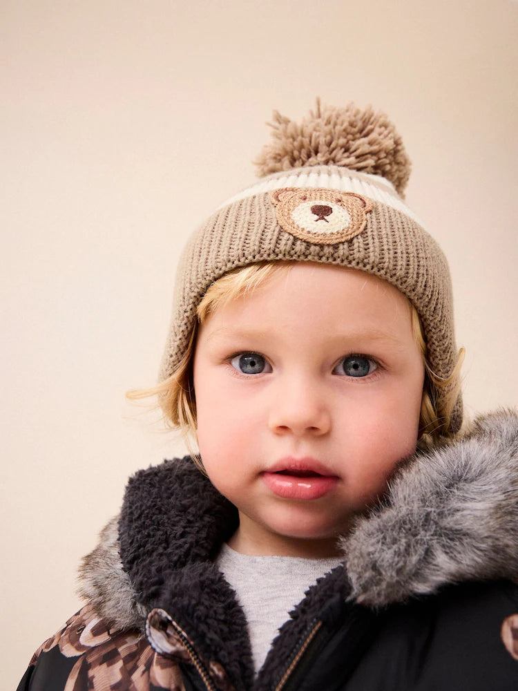 Neutral Stripe Bear Pom Hat