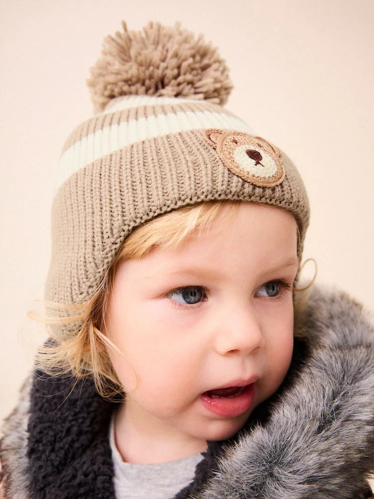 Neutral Stripe Bear Pom Hat