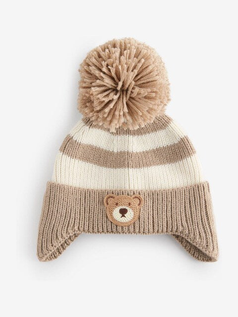 Neutral Stripe Bear Pom Hat