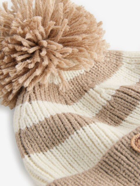 Neutral Stripe Bear Pom Hat