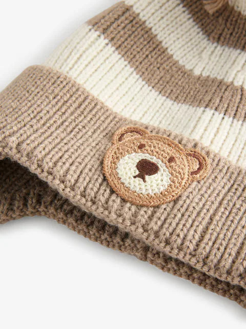 Neutral Stripe Bear Pom Hat