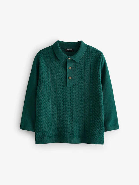 Green Long Sleeve Cable Polo Shirt