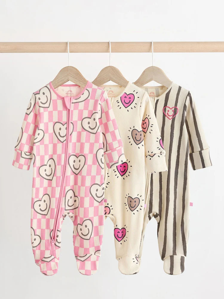 Pink Heart Two Way Zip Sleepsuits 3 Pack