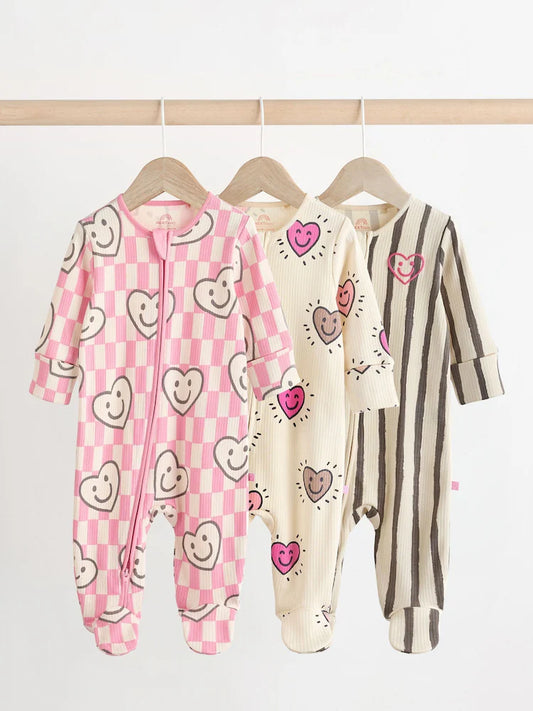 Pink Heart Two Way Zip Sleepsuits 3 Pack