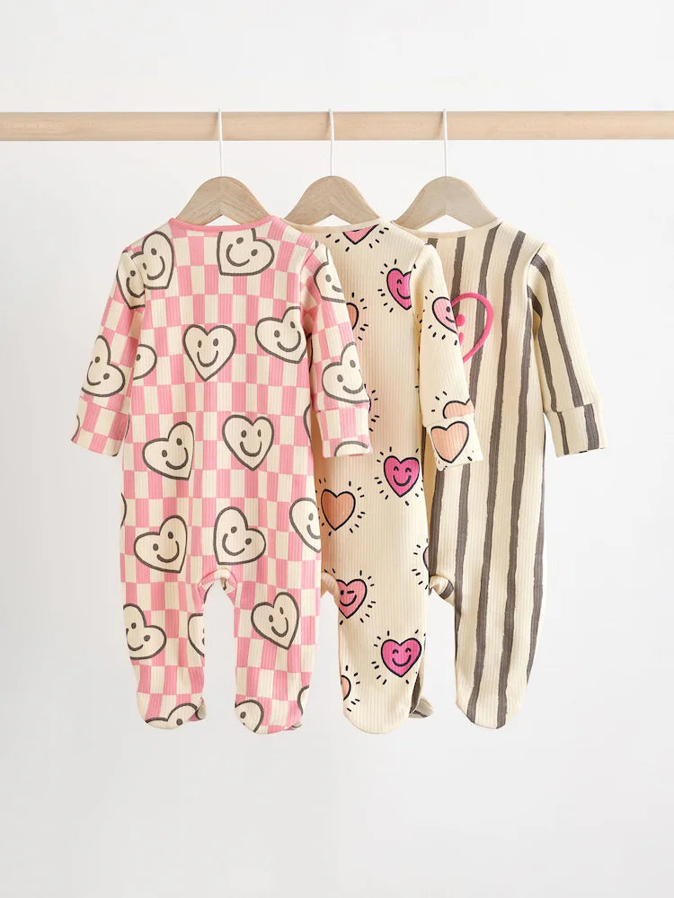 Pink Heart Two Way Zip Sleepsuits 3 Pack