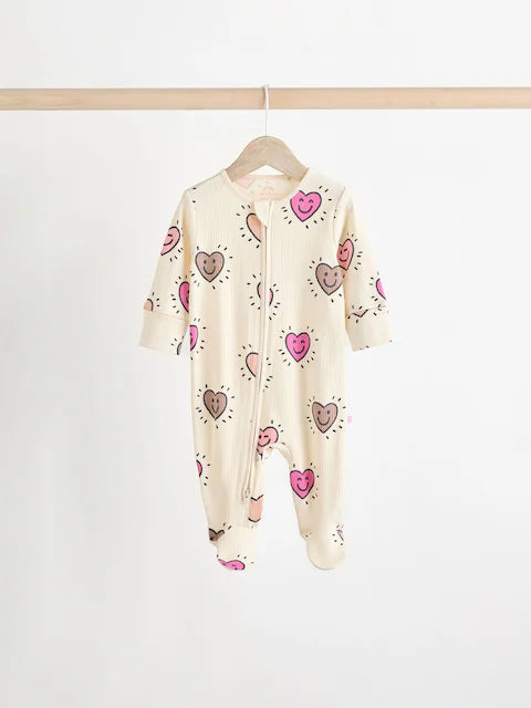 Pink Heart Two Way Zip Sleepsuits 3 Pack