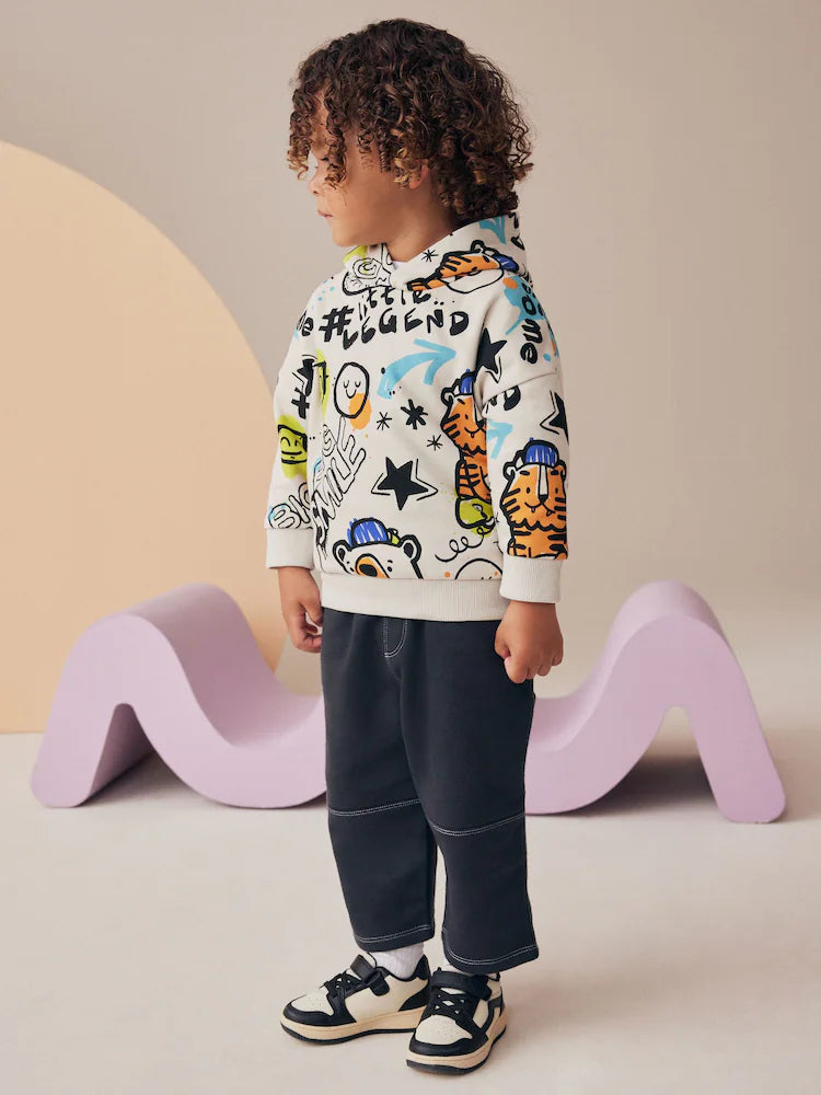 White Graffiti Character Hoodie and Carpenter Joggers Set