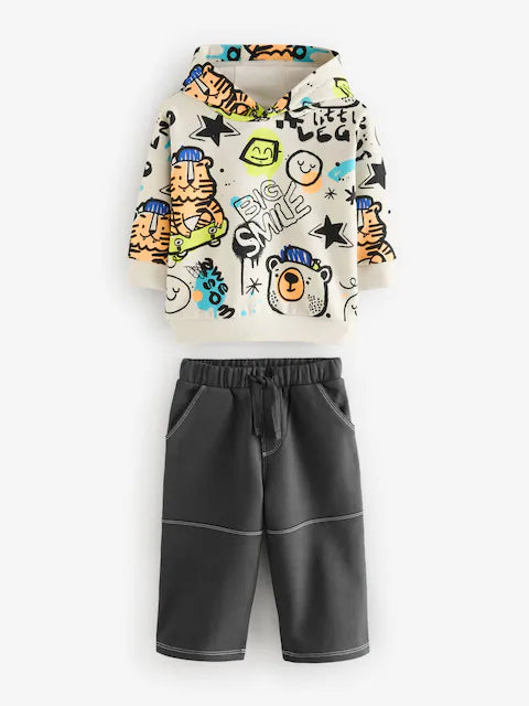 White Graffiti Character Hoodie and Carpenter Joggers Set