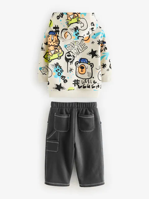 White Graffiti Character Hoodie and Carpenter Joggers Set