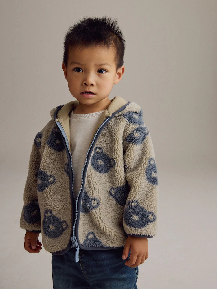 Cream And Grey Bear Patterned Fleece Zip Through Hooded Jacket