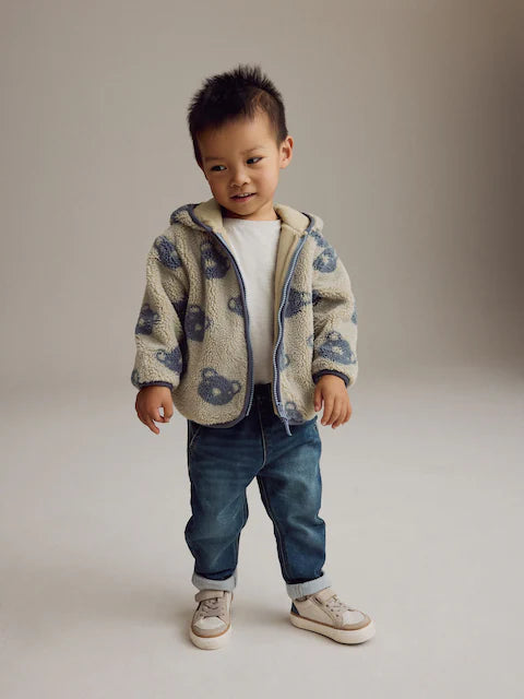 Cream And Grey Bear Patterned Fleece Zip Through Hooded Jacket